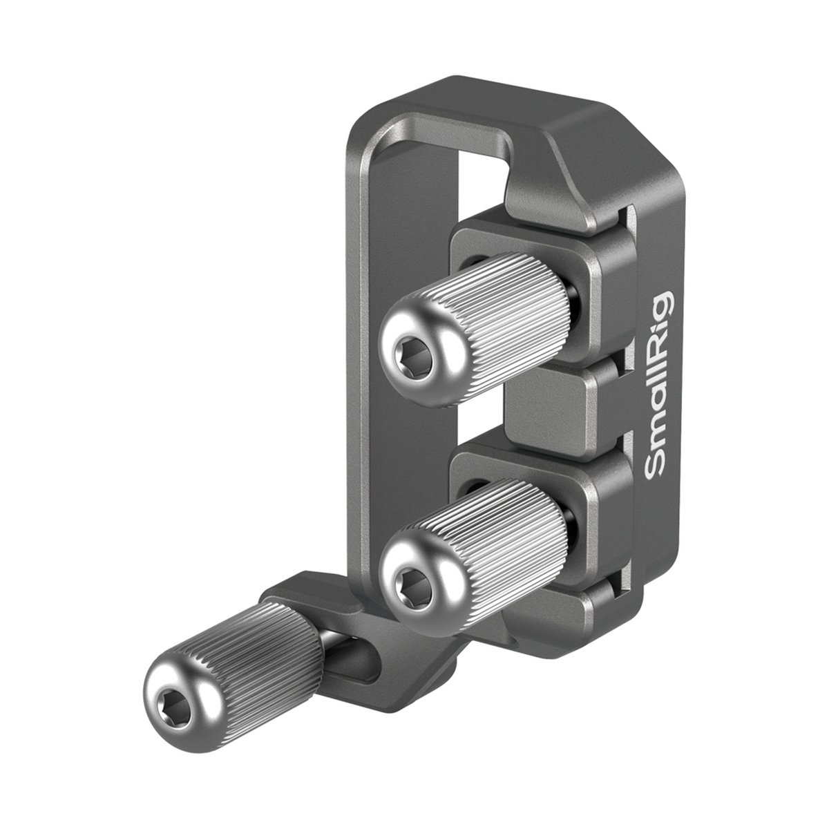 SmallRig 4829 USB-C&MULTI Cable Clamp für Sony FX3 / FX30 HawLock QR Cages - Schrägansicht des grauen SmallRig L-förmigen Befestigungsclips mit Rändelschrauben.