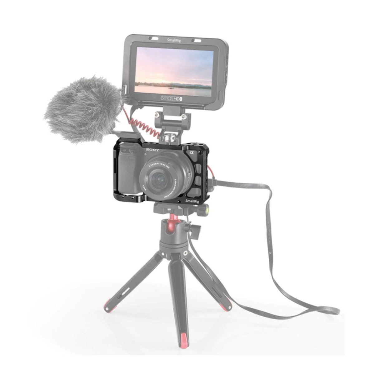 SmallRig 2310C Cage für Sony A6100/6300/6400/6500 - Anwendungsbeispiel: Kamera-Rig mit Käfig, Monitor, Mikrofon und Stativ.