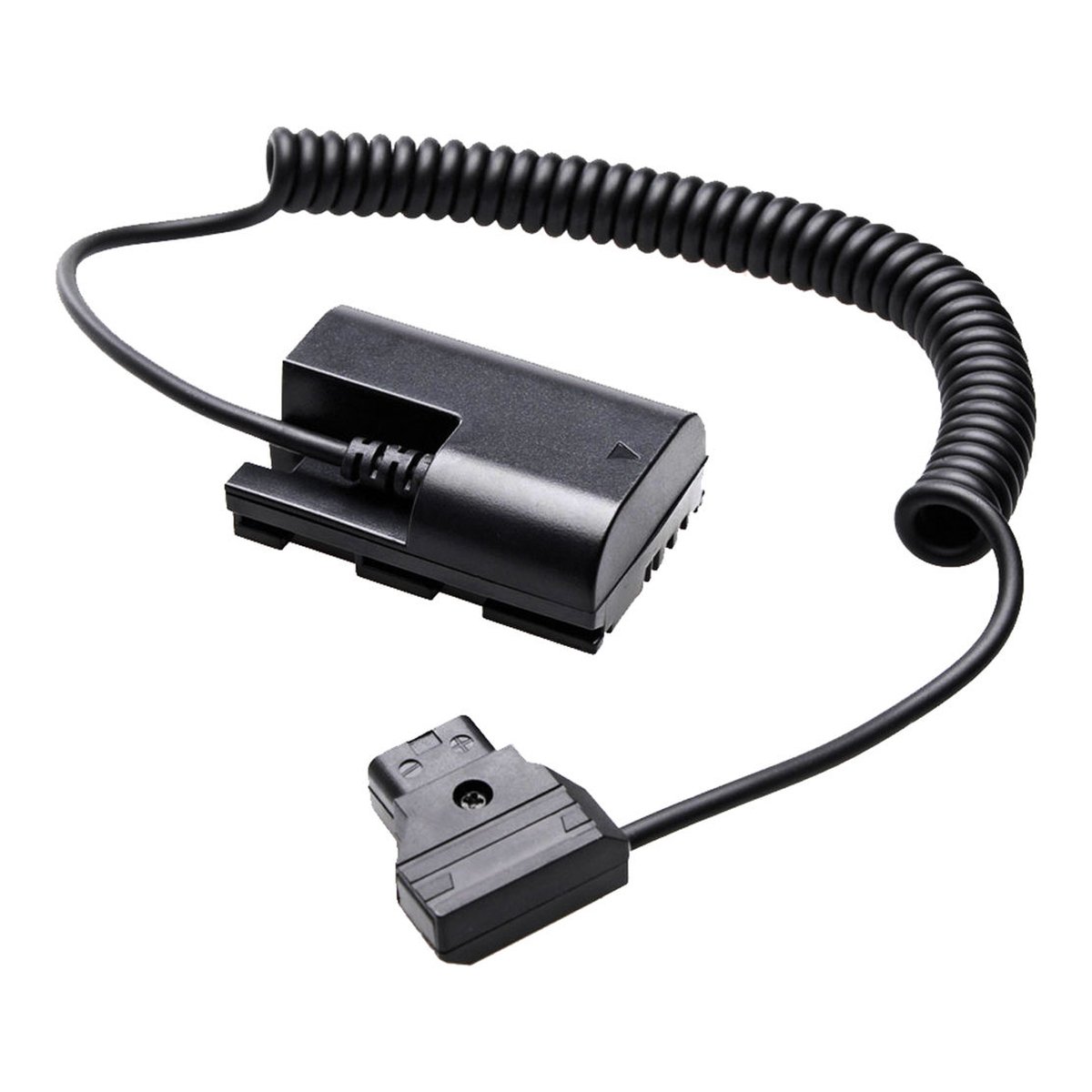 Caruba Batterie-Attrappeneinsatz LP-E6 auf D-Tap Stromkabel - Produktansicht: Dummy-Akku-Adapterkabel mit D-Tap Stecker und Spiralkabel