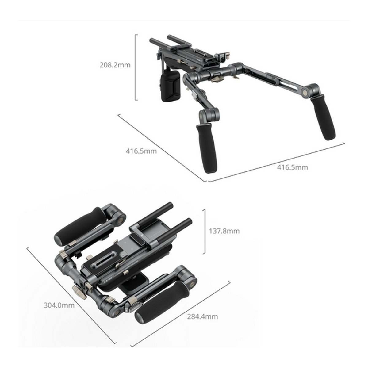 SmallRig 4181 HawkLock Schulter Rig SR007 Pro - Abmessungen des Kamerarigs: ausgeklappt & zusammengeklappt