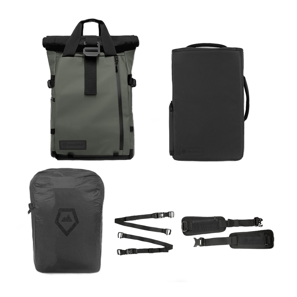 WANDRD PRVKE 21-Liter Green Pro Photography Bundle V3 - Lieferumfang des Produkts mit Rucksack, Kamera-Würfel, Regenhülle und Gurten