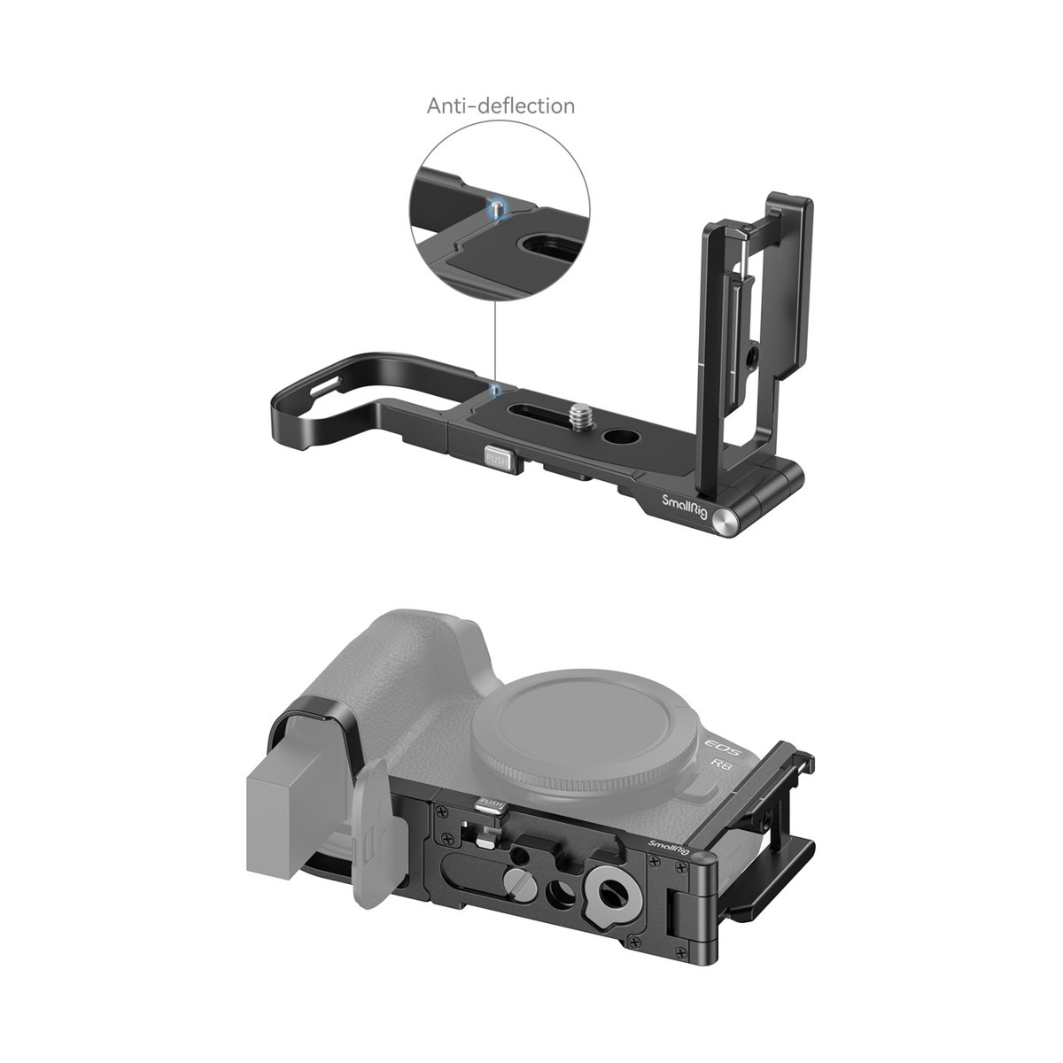 SmallRig 4211 Faltbares L-Bracket für Canon EOS R8 - SmallRig L-Bracket: Detailansicht Anti-Deflection-Pins und Anwendungsbeispiel an Kamera mit Batteriezugang
