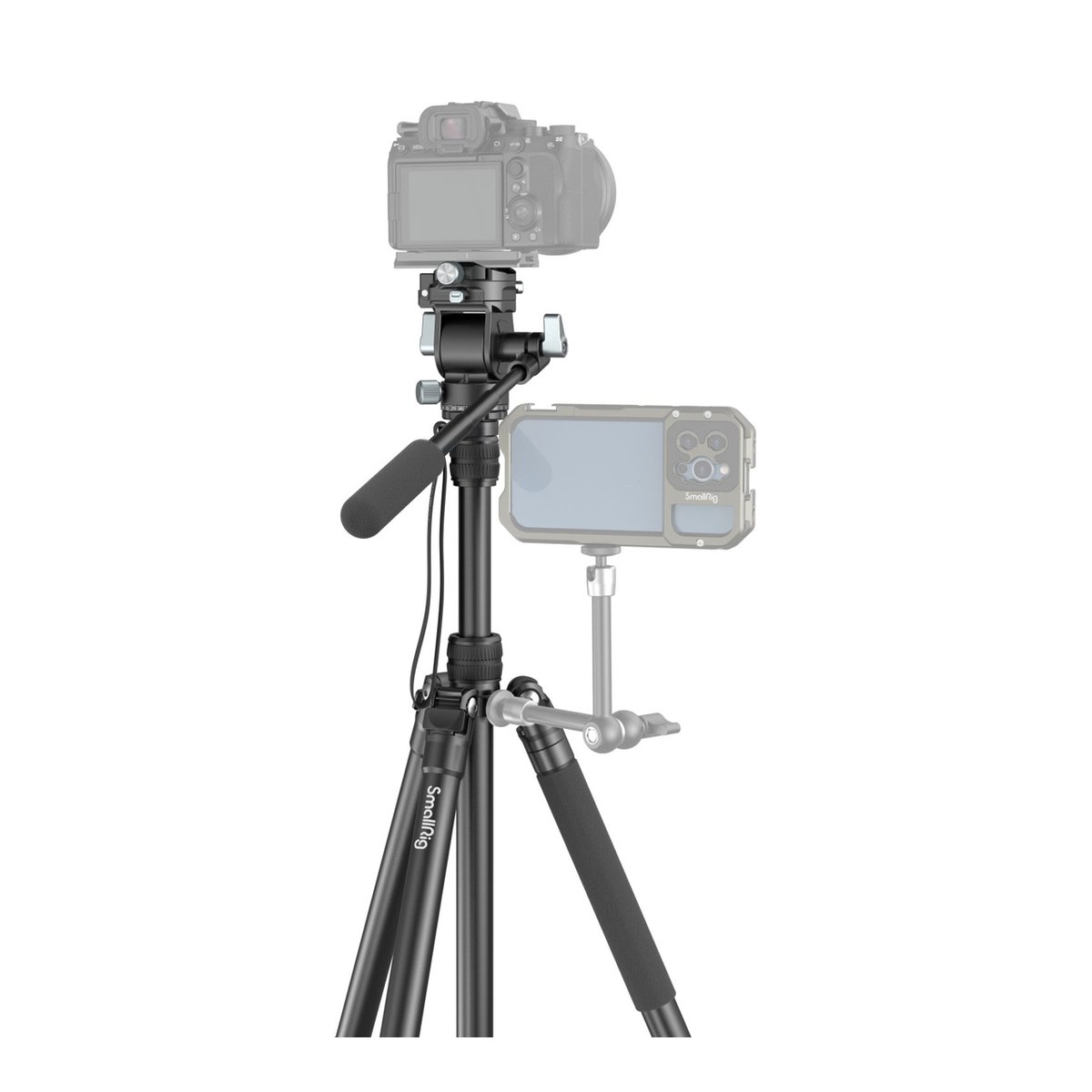 SmallRig 4307 FreeBlazer Videostativ aus Aluminiumlegierung CT195 - Anwendungsbeispiel: Stativ mit Kamera und Smartphone, über Seitenarm am Stativbein befestigt.