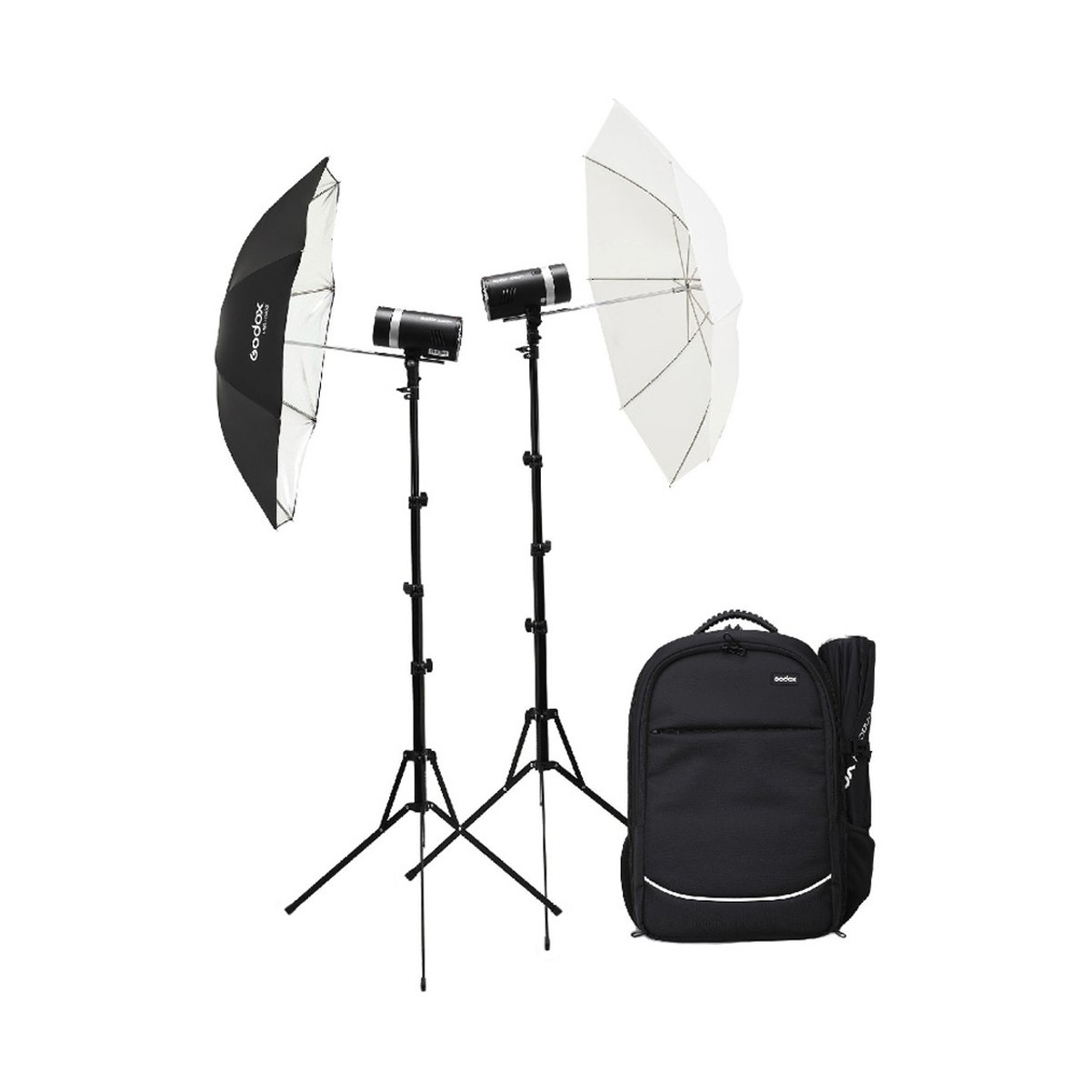 Godox AD300Pro Set mit 2 Köpfen - Lieferumfang des Blitzsets mit Schirmen und Transportrucksack