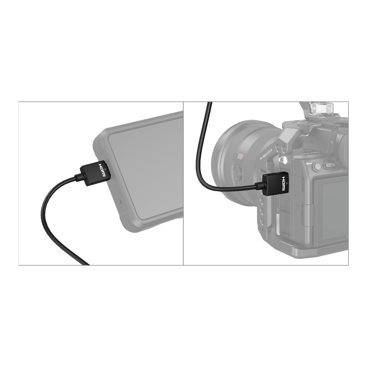 SmallRig 2957B Ultra Slim 4K HDMI 2.0 Kabel 55 cm (Typ A zu Typ A) - Anwendungsbeispiel: HDMI-Kabel angeschlossen an Smartphone und Kamera.