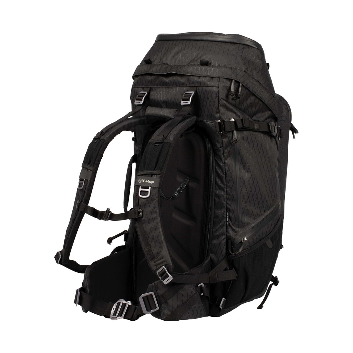 F-Stop DuraDiamond Shinn Essentials Bundle - Anthrazit - Seitenansicht des schwarzen F-stop Rucksacks mit Schultergurten und seitlichen Fächern