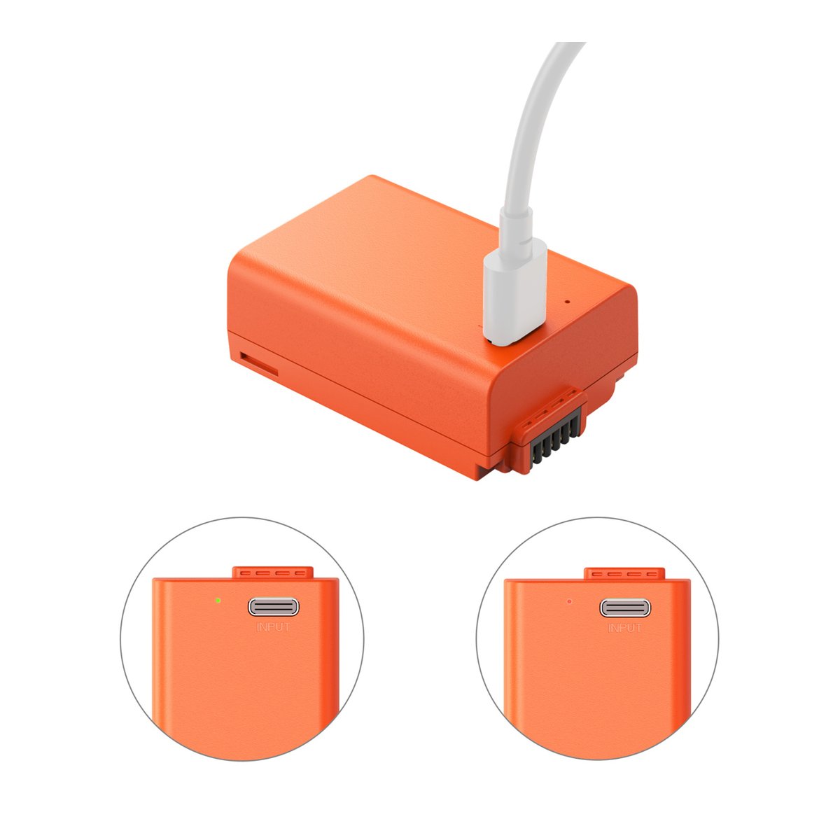 SmallRig 4967 EN-EL25 USB-C Rechargeable Camera Battery (Orange) - Anwendungsbeispiel Ladevorgang & Detailansicht Input-Anschluss