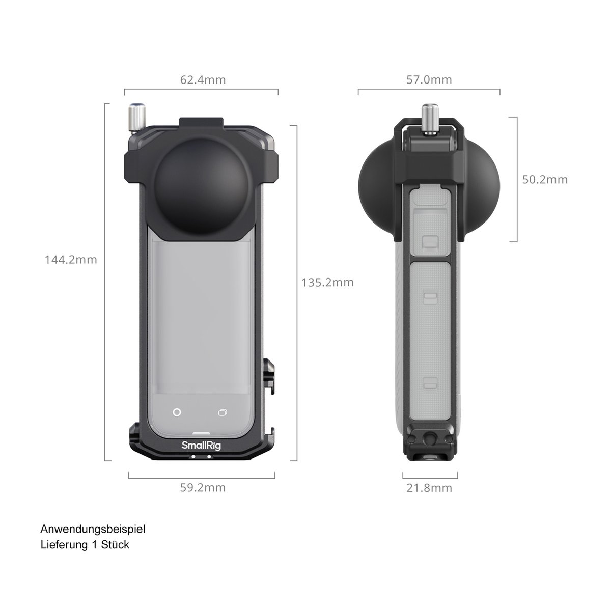 SmallRig 4278 Käfig für Insta360 X4 - Produktmaße: Front- und Seitenansicht mit Abmessungen