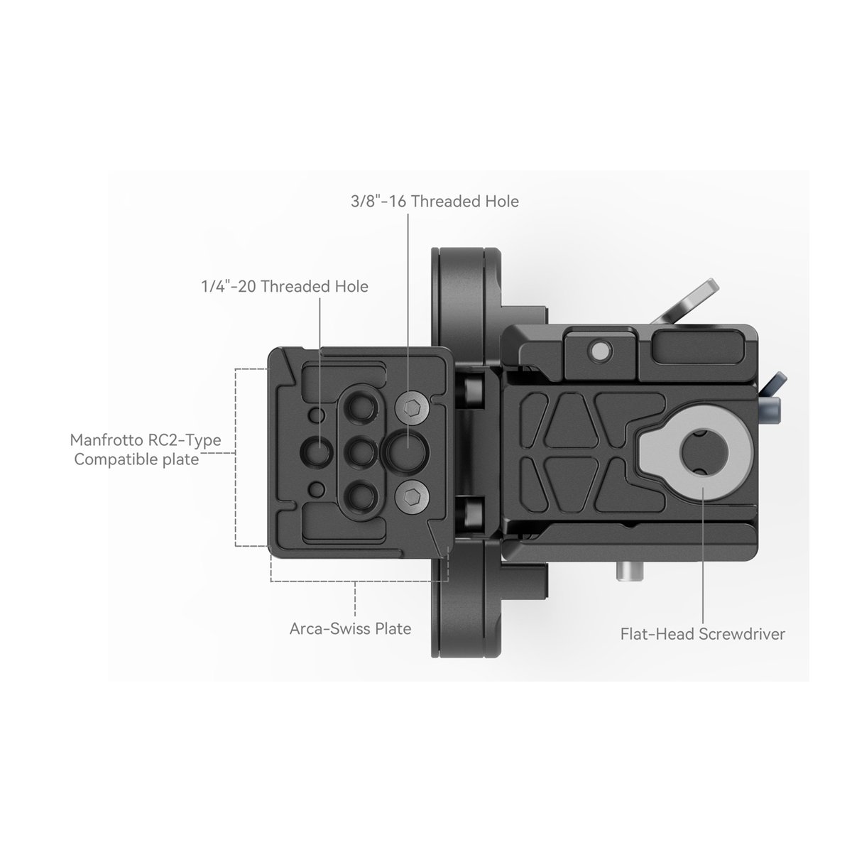 SmallRig 4306 Drehbares Horizontal- Vertikal-Montageplatten-Kit für Nikon Z - Detailansicht der Schnellwechselplatte mit Arca-Swiss/Manfrotto-Kompatibilität und Gewindelöchern.