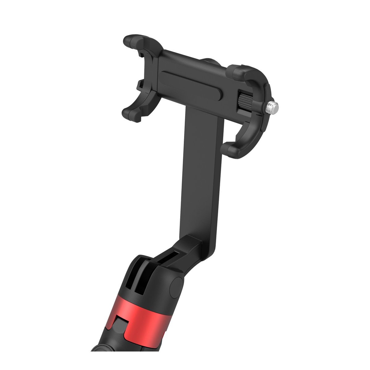 SmallRig 4729 ST-25 Pro schwarz Selfie Stick Stativ - Detailansicht der Smartphone-Halterung und des Gelenks mit rotem Akzent.
