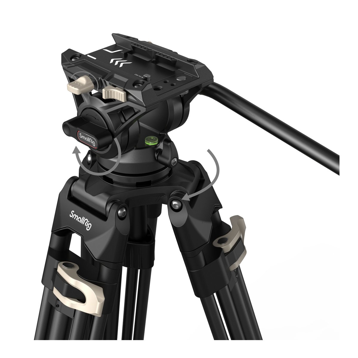 SmallRig 3751B Heavy-Duty Fluidkopf Stativ AD-01 - Detailansicht: Stativkopf und Beinverstellung mit Drehrichtungspfeilen
