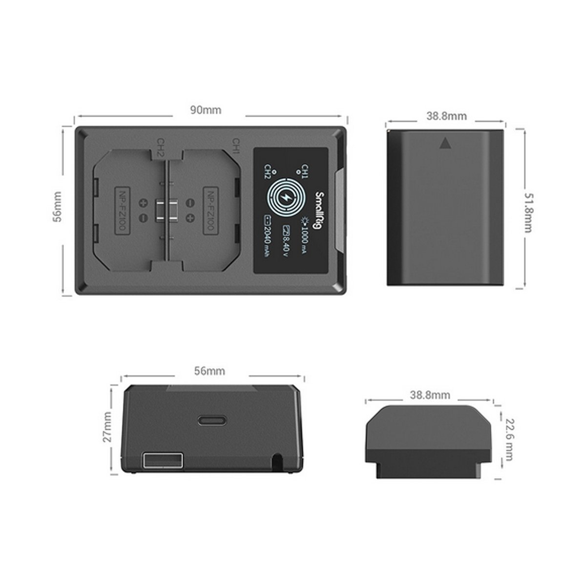 SmallRig 3824B NP-FZ100 Kamera-Akku und Ladegerät Kit - Maßansichten des Ladegeräts und Akkus SmallRig 3824B NP-FZ100 Kamera-Akku und Ladegerät Kit - Maßansichten des Ladegeräts und Akkus