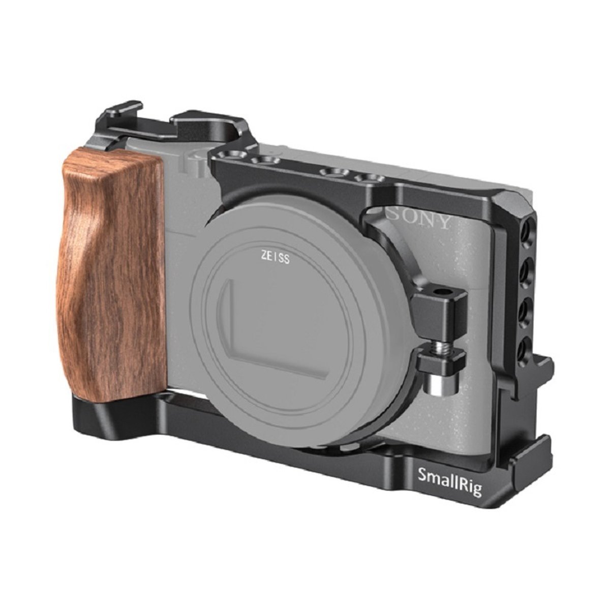 SmallRig 2434 Cage für Sony RX100 VI/VII - SmallRig Kamera-Cage mit Holzgriff für Kompaktkamera, Dreiviertelansicht.