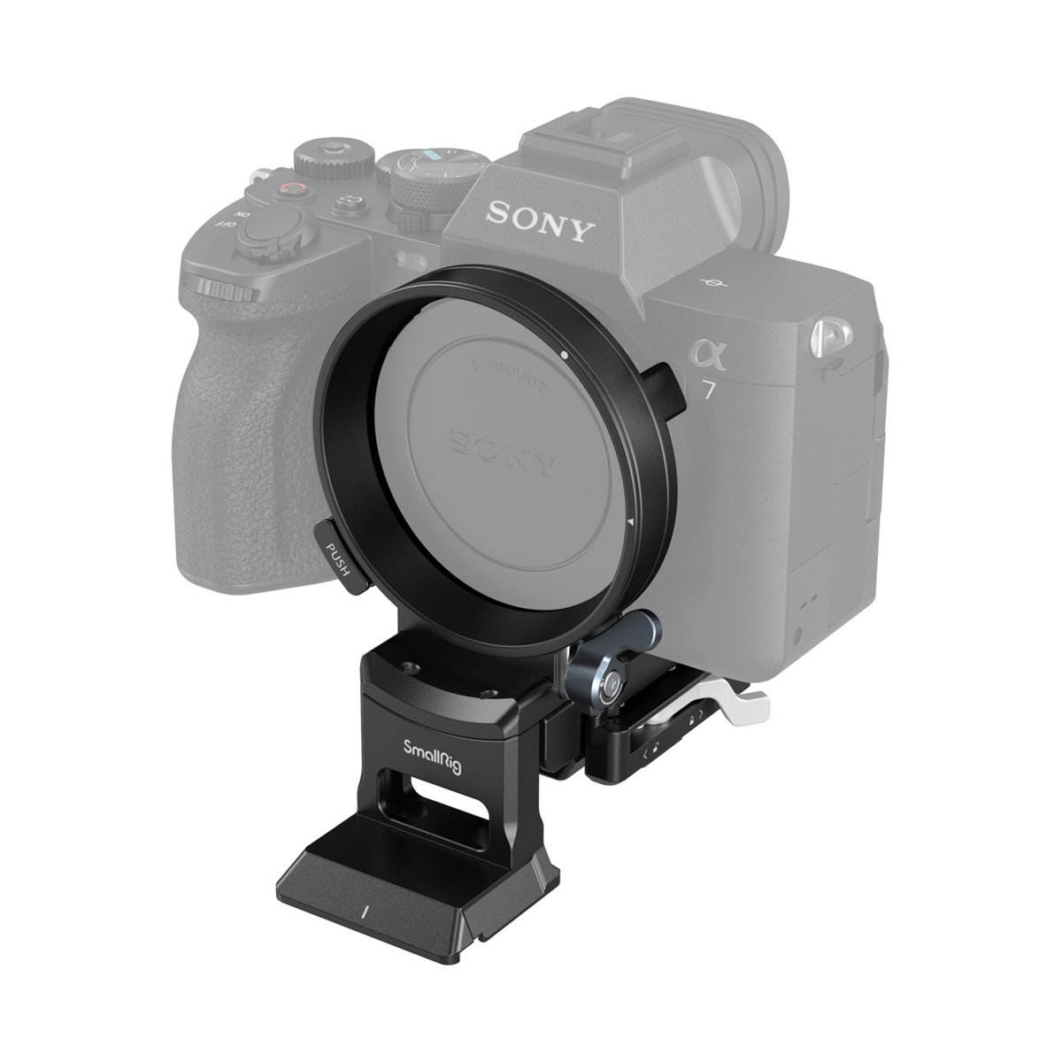 SmallRig 4244 Drehbares Horizontal- Vertikal-Montageplatten-Kit für Sony - Anwendungsbeispiel: SmallRig System mit Filterhalterung an Sony Kamera, Frontalansicht.