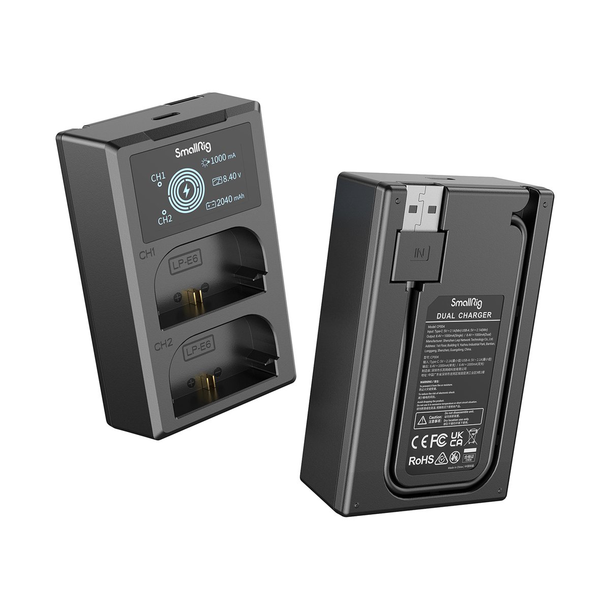 SmallRig 3821 LP-E6NH Kamera-Akku und Ladegerät Kit - Vorder- und Rückansicht des SmallRig LP-E6 Dual-Ladegeräts. SmallRig 3821 LP-E6NH Kamera-Akku und Ladegerät Kit - Vorder- und Rückansicht des SmallRig LP-E6 Dual-Ladegeräts.