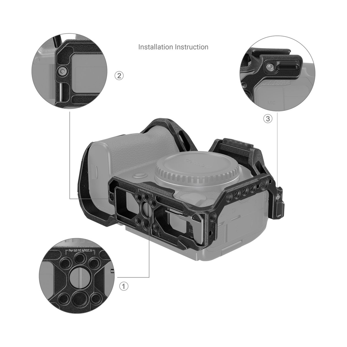 SmallRig 3233B Black Mamba Cage für Canon EOS R5/R6 - Kamerakäfig-Installationsanleitung mit Detailansichten der Befestigungspunkte: Unterseite, Seite, Blitzschuh.