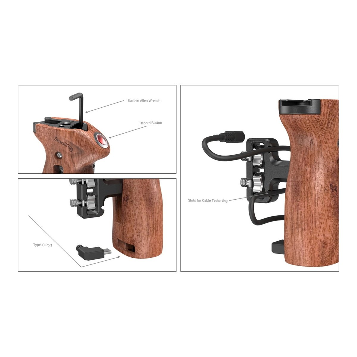 SmallRig 3323 Seiten Handle mit Gewinde und Record Start/Stop Fernauslöser - Merkmale des Kamerahandgriffs: Integrierter Inbusschlüssel, Aufnahmetaste, USB-C-Anschluss, Kabelbefestigungsschlitze.