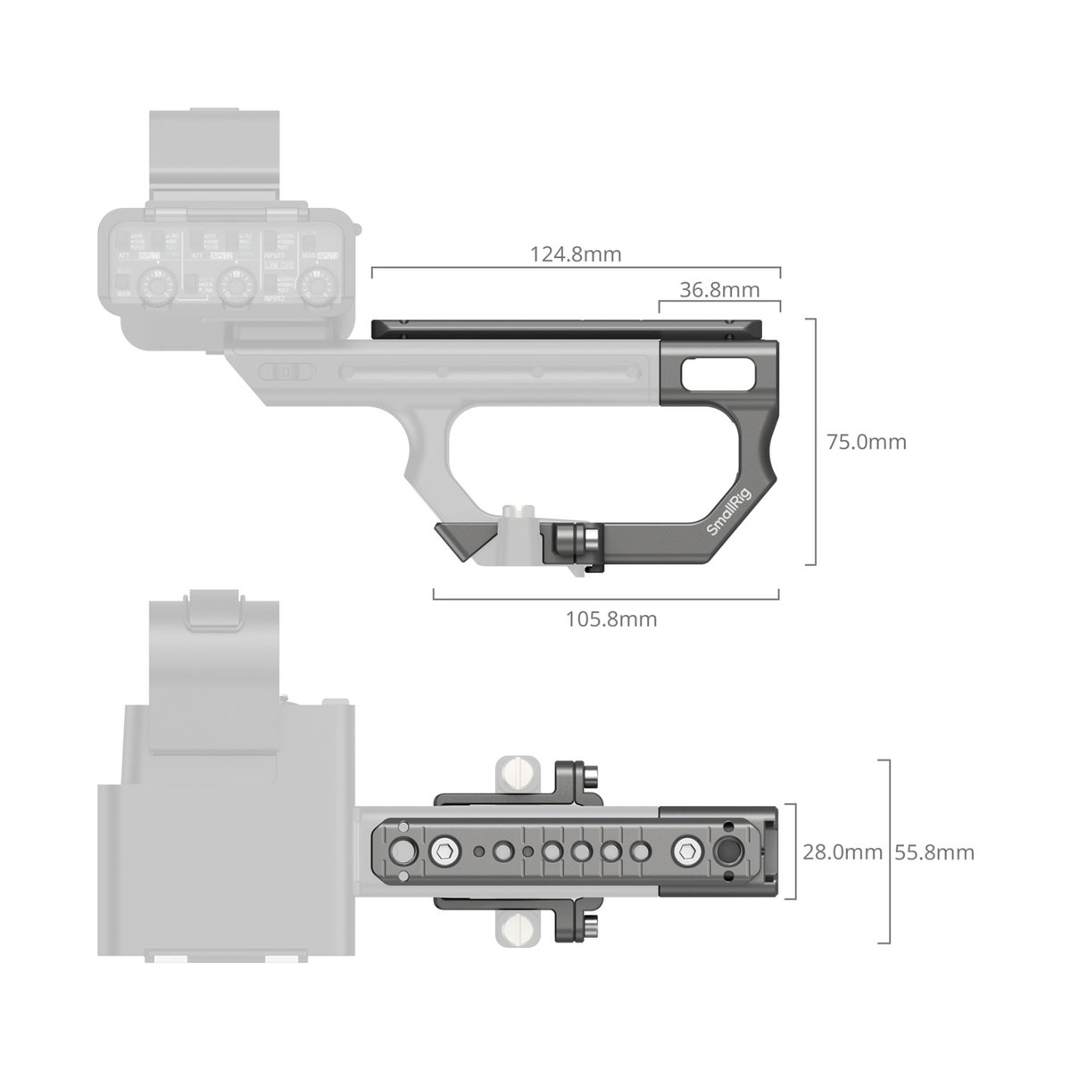 SmallRig 4830 Extension Mount Plate Kit für Sony FX3 / FX30 XLR Handle - Technische Maße des SmallRig Kameracages in Seiten- und Draufsicht.