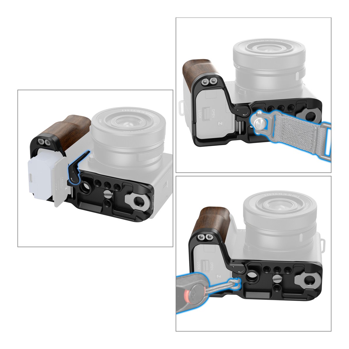SmallRig 4864 L-förmige Montageplatte m. Holzgriff f. Sony ZV-E10 II - Kamerakäfig Anwendungsbeispiele: Batteriezugang, Gurt- & Ankerbefestigung SmallRig 4864 L-förmige Montageplatte m. Holzgriff f. Sony ZV-E10 II - Kamerakäfig Anwendungsbeispiele: Batteriezugang, Gurt- & Ankerbefestigung