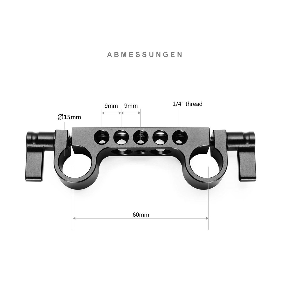SmallRig 942 Rod Clamp v3 (15 mm) für RED- und DSLR-Rigs - Abmessungen des Produkts, inklusive 15mm Durchmesser, 60mm Länge, 9mm Lochabstand und 1/4 Zoll Gewinde. SmallRig 942 Rod Clamp v3 (15 mm) für RED- und DSLR-Rigs - Abmessungen des Produkts, inklusive 15mm Durchmesser, 60mm Länge, 9mm Lochabstand und 1/4 Zoll Gewinde.
