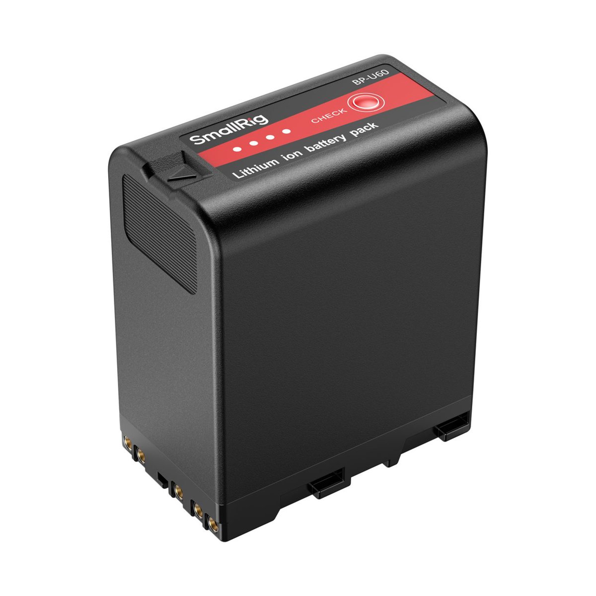 SmallRig 4670 BP-U60 Camcorder Akku - Schrägansicht von oben: SmallRig BP-U60 Lithium-Ionen-Akku mit Beschriftung, LEDs & goldenen Kontakten.