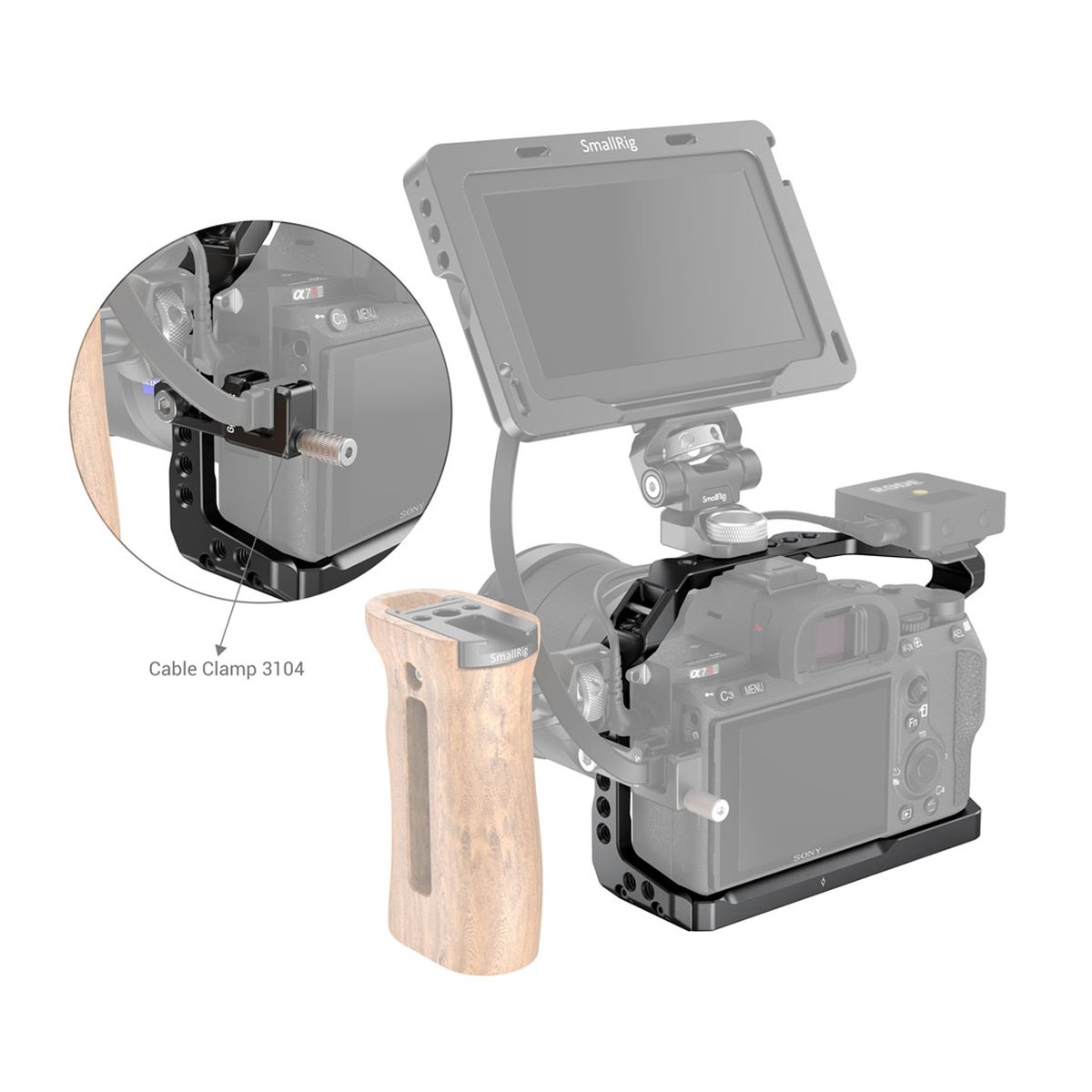 SmallRig 2918 Cage für Sony A7 III, A7R III und A9 - Detailansicht der SmallRig Kabelklemme 3104 am montierten Kamera-Rig
