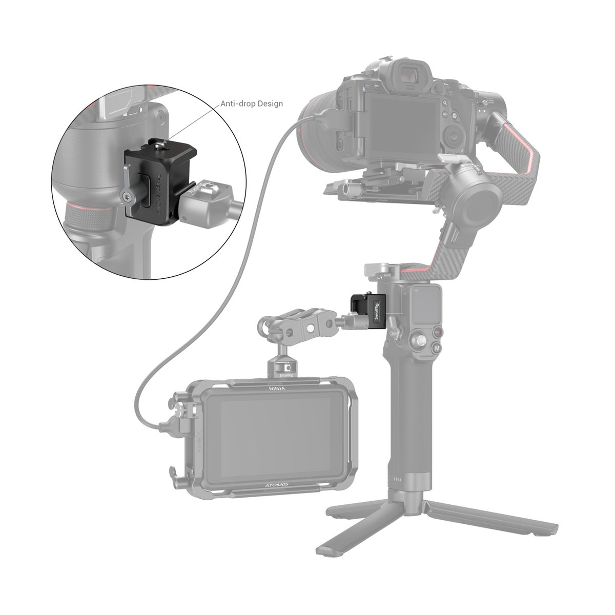 SmallRig 3025 Klammer-Zubehörhalterung für DJI RS 2/RSC 2/RS 3/RS 3 Pro - Detailansicht des SmallRig Anti-Drop-Designs zur sicheren Monitorkabel-Befestigung am Gimbal.