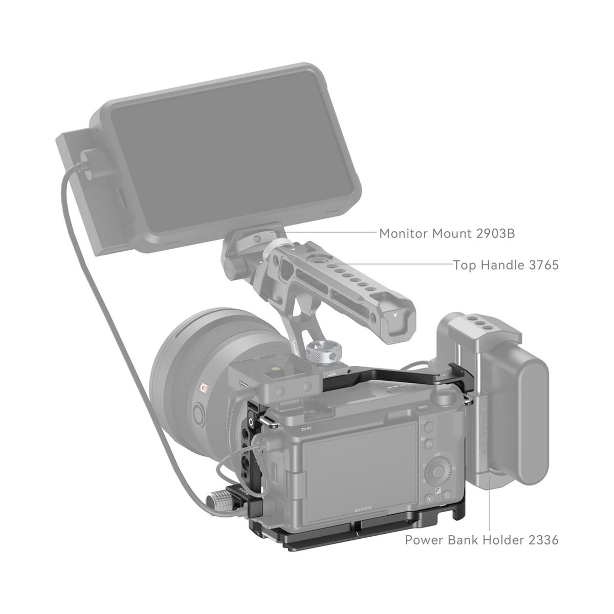 SmallRig 4257 Cage Kit Sony ZV-E1 - Anwendungsbeispiel des Kamera-Rigs mit Monitorhalterung, Top-Griff und Powerbank-Halter.