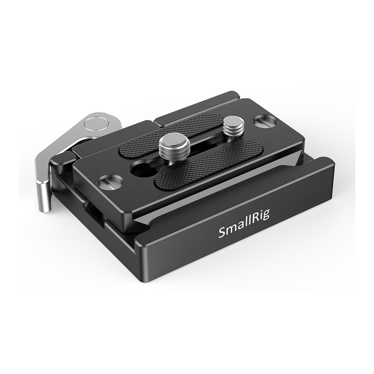 SmallRig 2144B Quick Release Clamp und Platte (Arca Kompatibel) - Obere Ansicht der schwarzen SmallRig Schnellwechselplatte mit silbernem Klemmhebel.