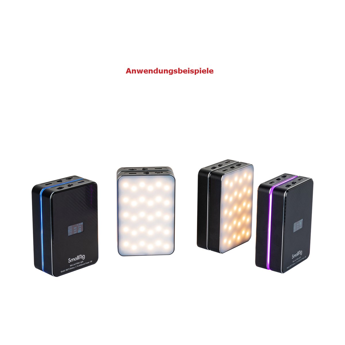 SmallRig 3290 RM75 RGBWW Videolicht - Anwendungsbeispiele der Mini-LED-Leuchte in verschiedenen Farben und Ansichten