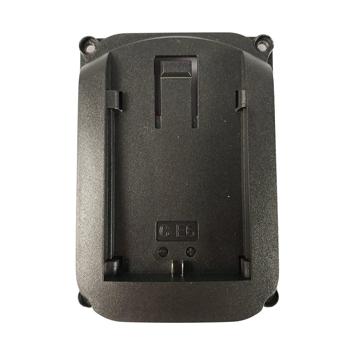 Feelworld LP-E6 Battery Plate - Oberansicht eines schwarzen Batterieadapters mit Steckplatz und Kontakten