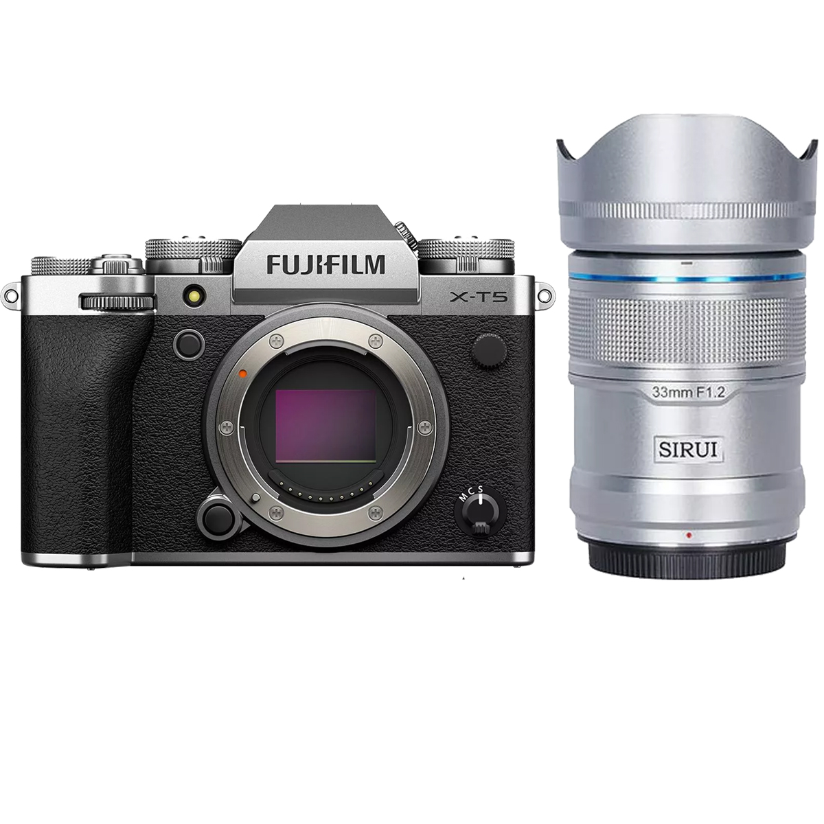 Fujifilm X-T5 Silber + Sirui Sniper Serie 33 mm 1:1,2 APS-C AF Fuji X-Mount Silber