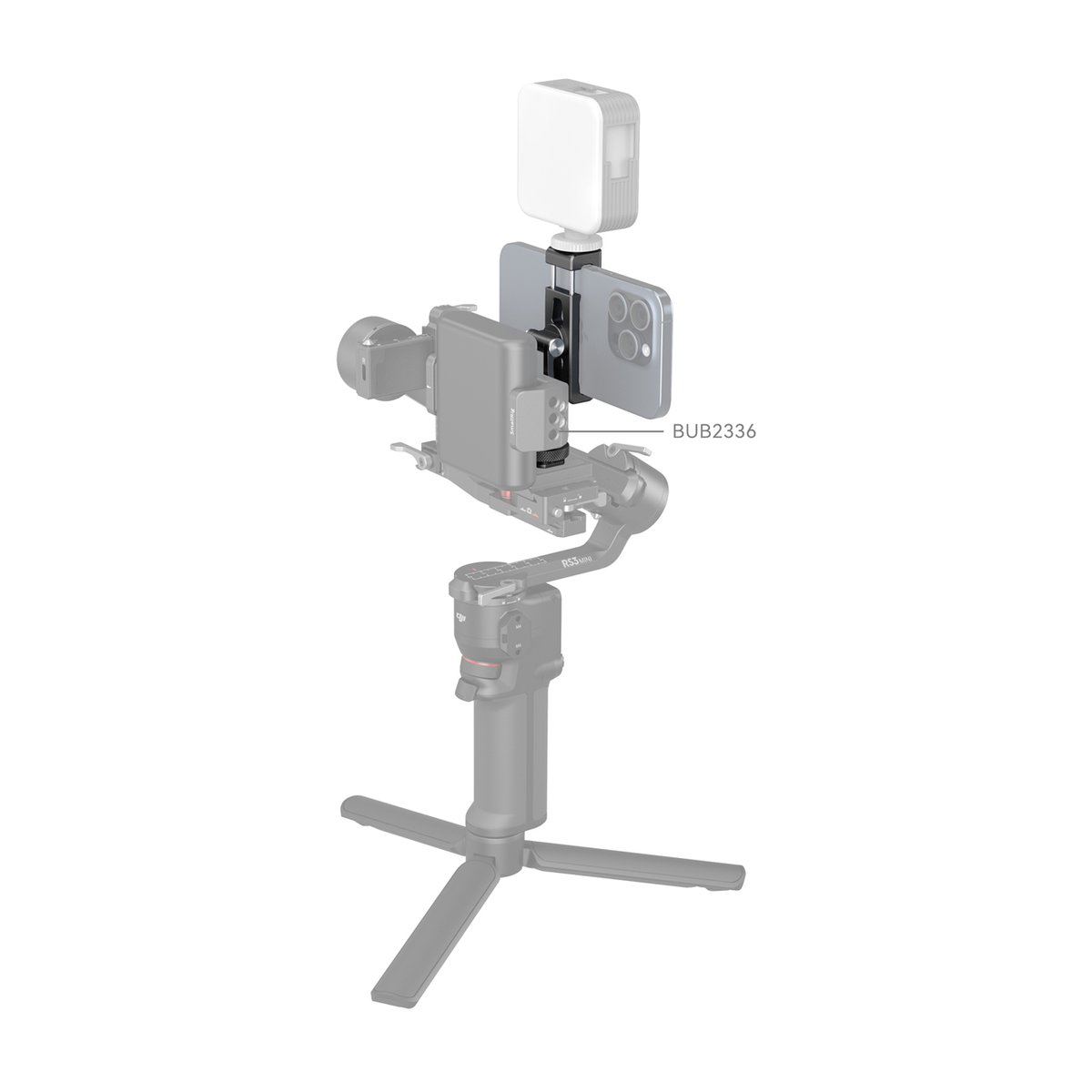 SmallRig 4382 Metal Phone Holder with Cold Shoe Mount - Anwendungsbeispiel: BUB2336 Adapter für Smartphone und LED-Licht am Gimbal
