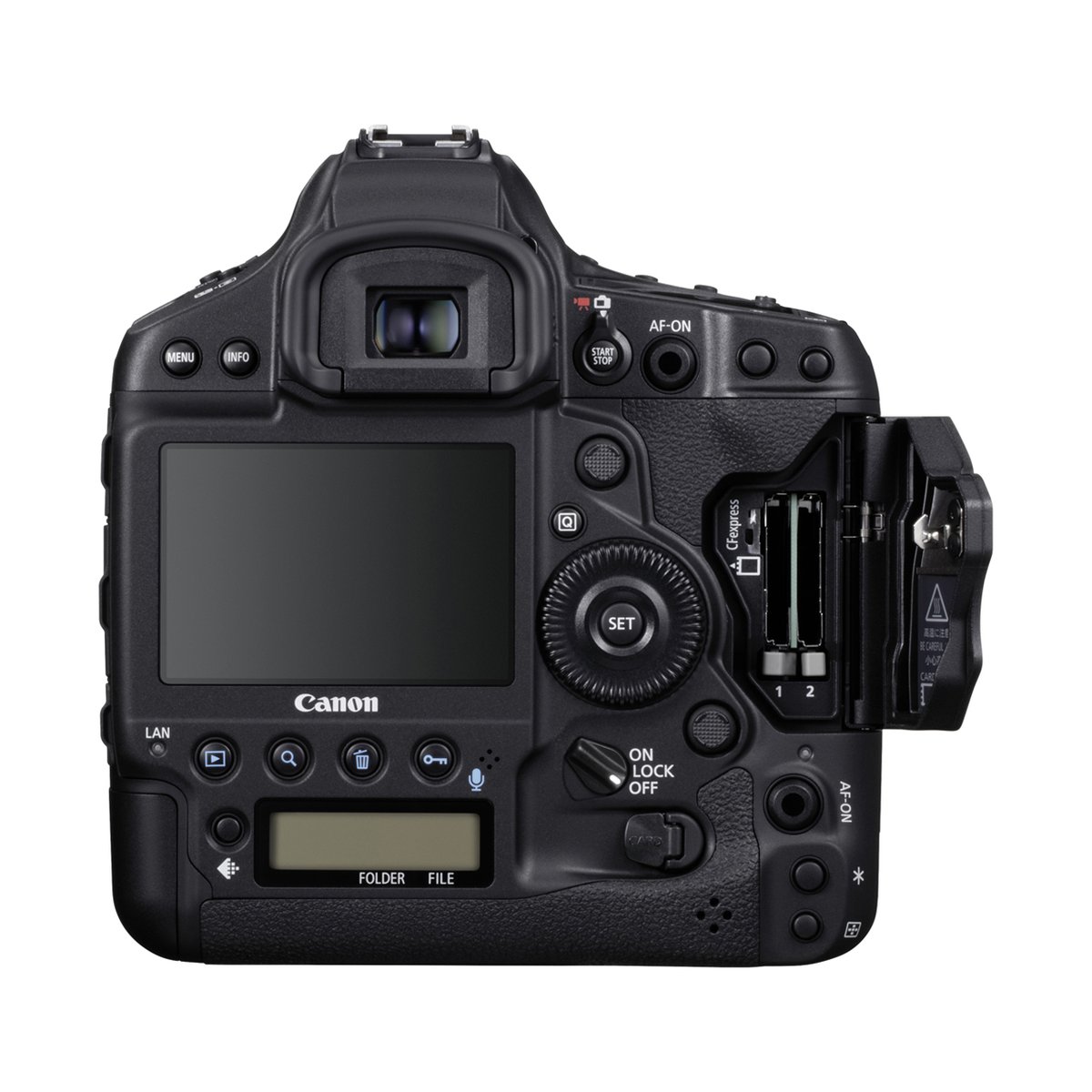 Canon EOS 1D X Mark III Body - Rückansicht Canon Profi-Kamera mit offenem Speicherkartenschacht, zwei CFexpress-Steckplätzen sichtbar