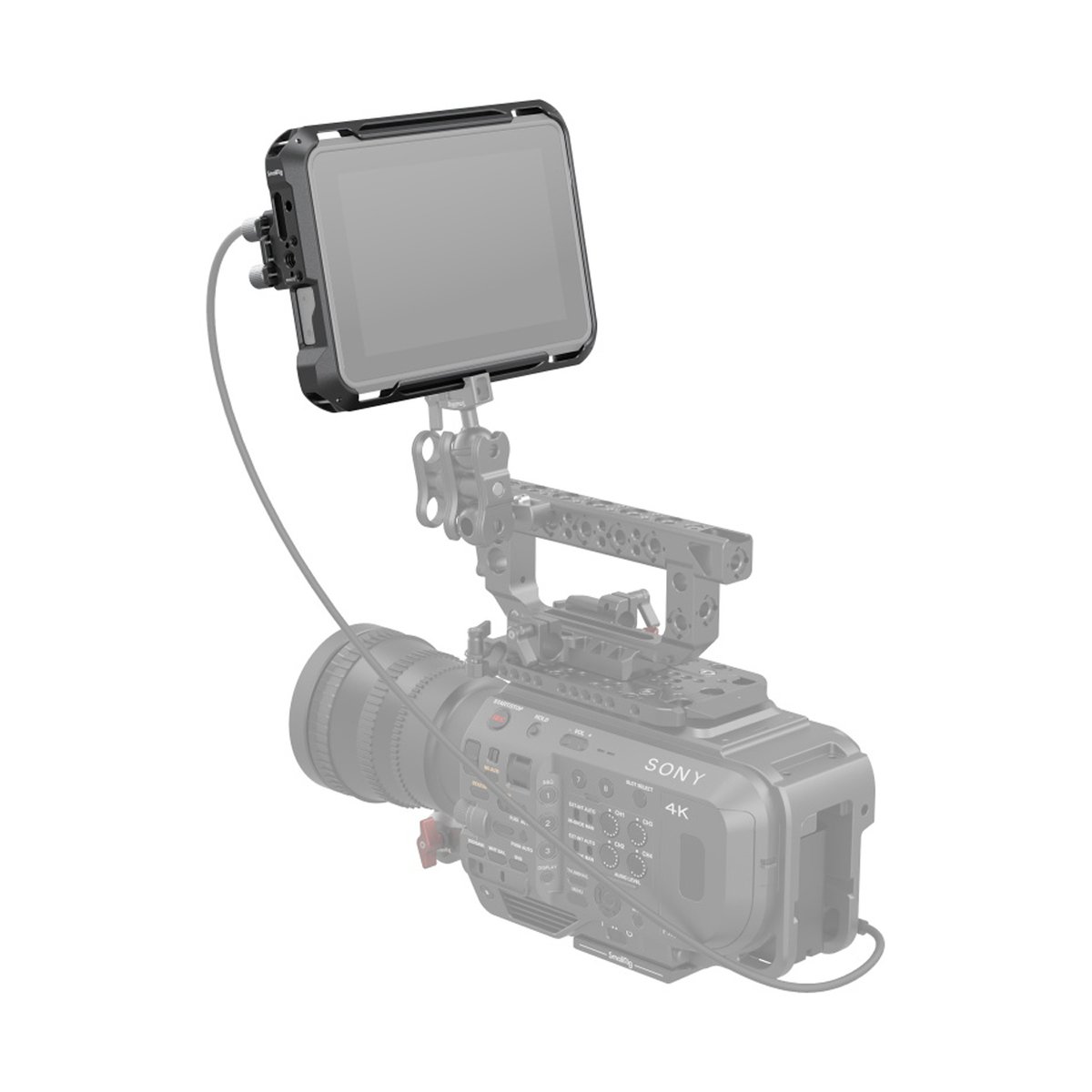 SmallRig 3456 Atomos Shinobi 7 Cage Kit - Anwendungsbeispiel: Externer Monitor am Kamera-Rig montiert.