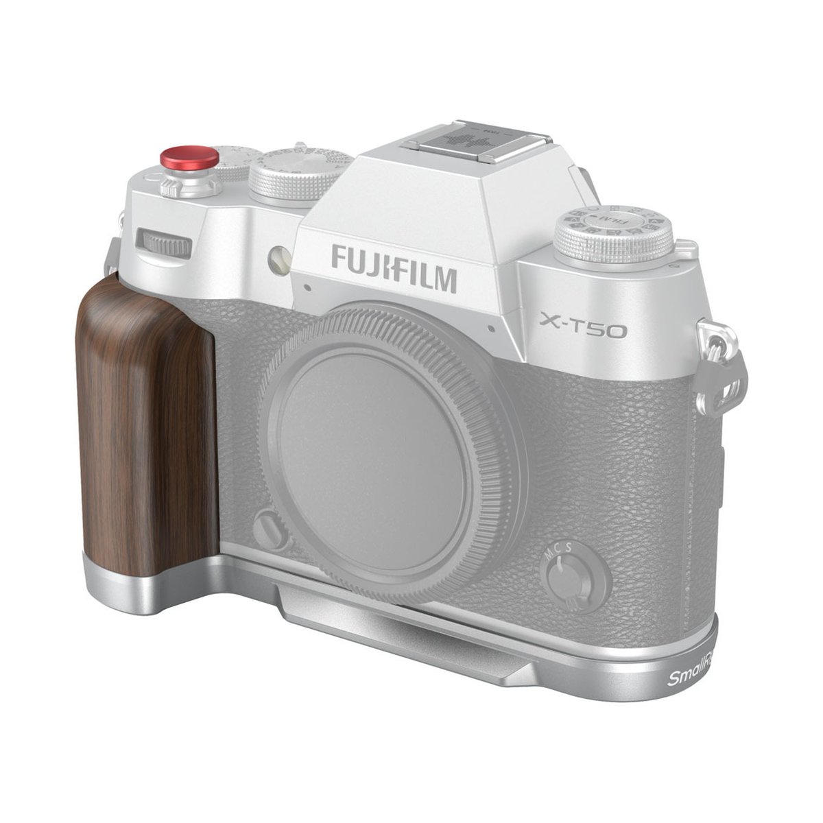SmallRig 4735 Wooden L-Shape Handle für Fujifilm X-T50 silver - Kameragriff aus Holz & Metall an Fujifilm X-T50 Kamera, ¾-Ansicht von vorne