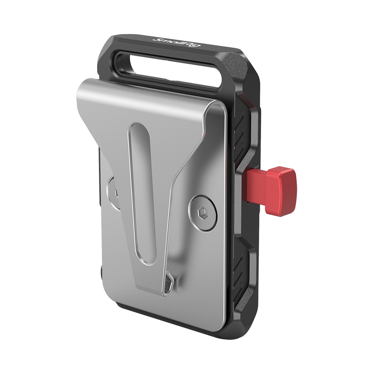SmallRig 2990 Mini-V-Batterieplatte mit Gürtelklemme - 3/4-Ansicht: Rückseite des Clips mit Gürtelclip und rotem Entriegelungsknopf.