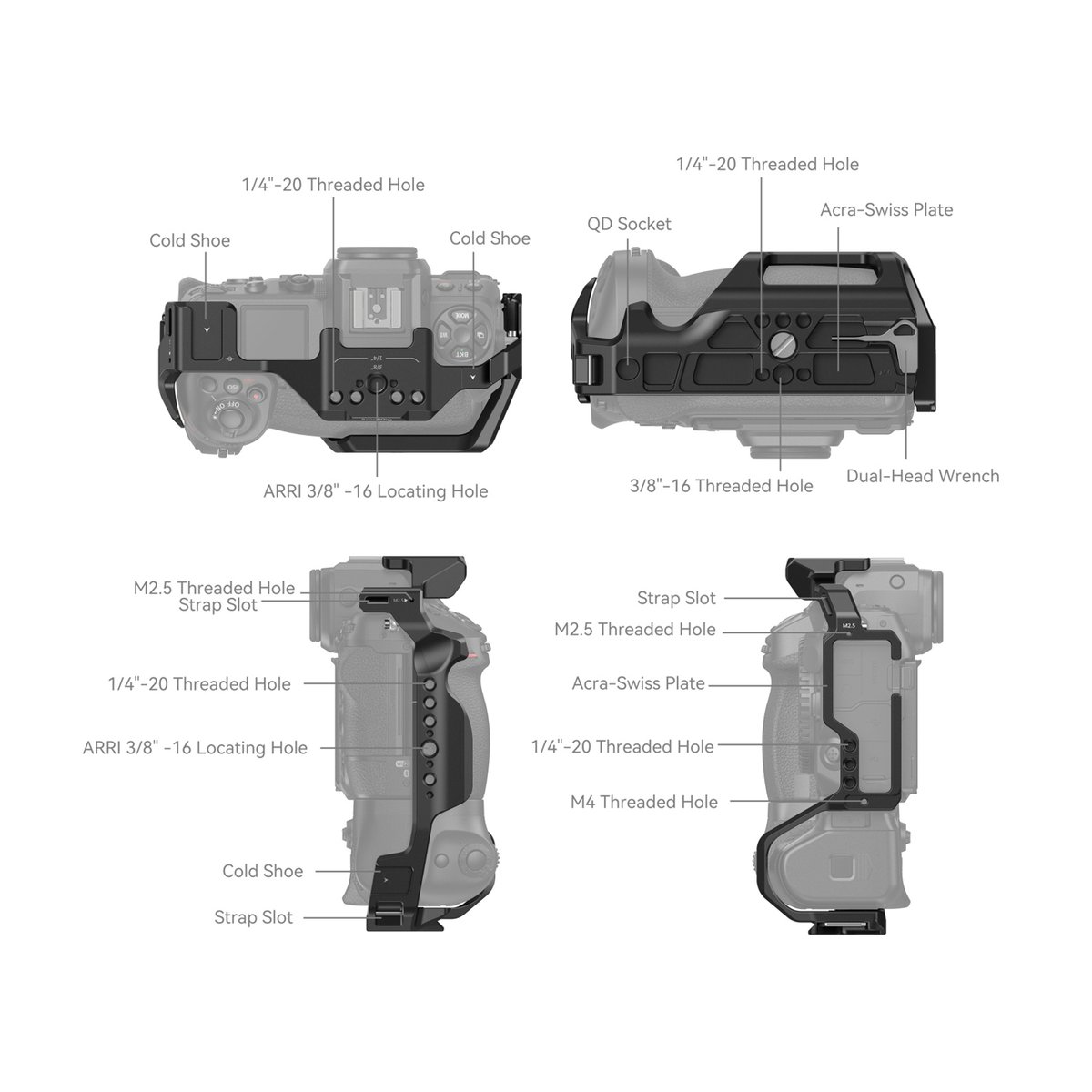 SmallRig 3982 Cage für Nikon Z 8 mit MB-N12 Batteriegriff - Vier Ansichten des Kamerakäfigs mit Beschriftung aller Befestigungspunkte und Anschlüsse.