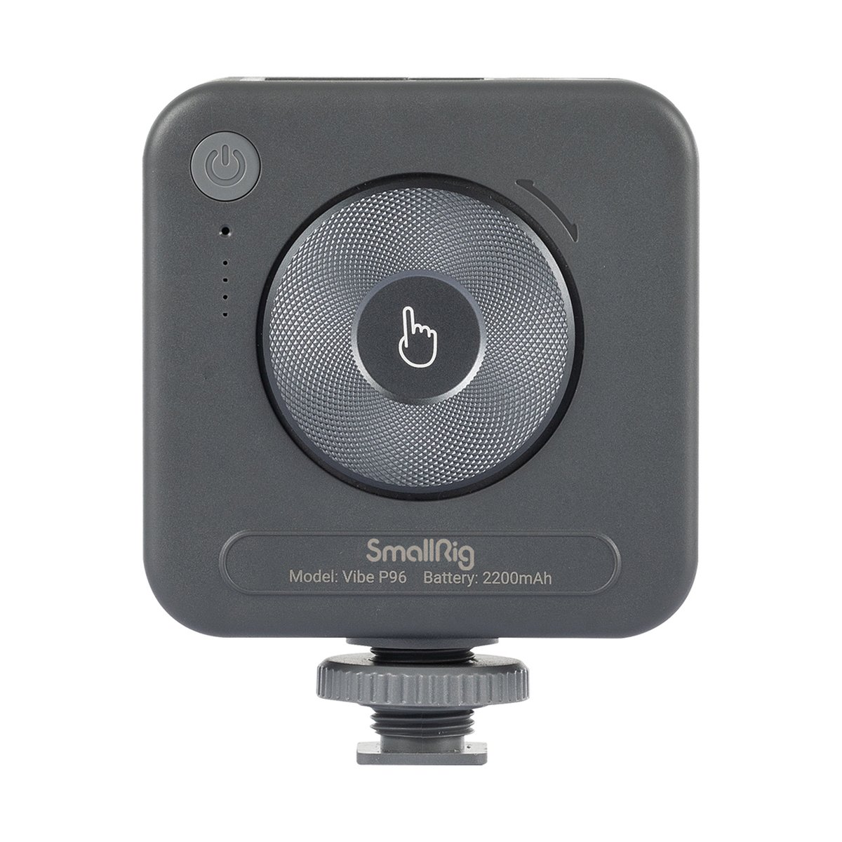 SmallRig 3286B Vibe P96 LED Video Light - Frontansicht des SmallRig Vibe P96 LED-Videolichts mit Steuerungsrad und An/Aus-Taste.