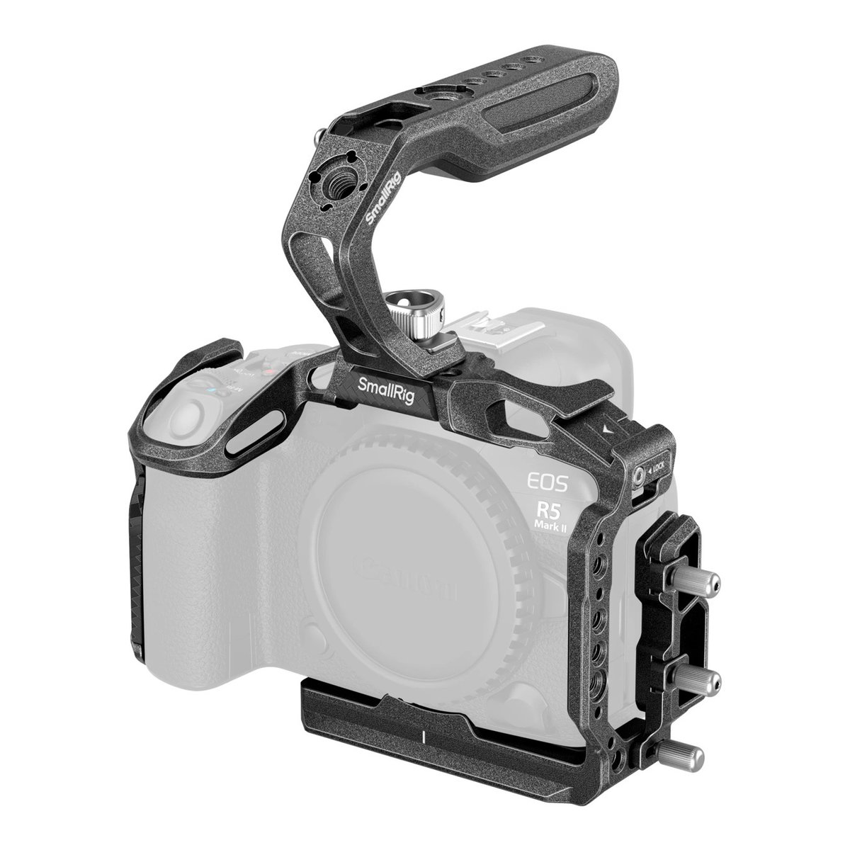SmallRig 4976 Black Mamba Cage Kit f. Canon EOS R5 II - Anwendungsbeispiel: SmallRig Kamera-Cage mit Top Handle an einer Kamera, schräg von vorn.