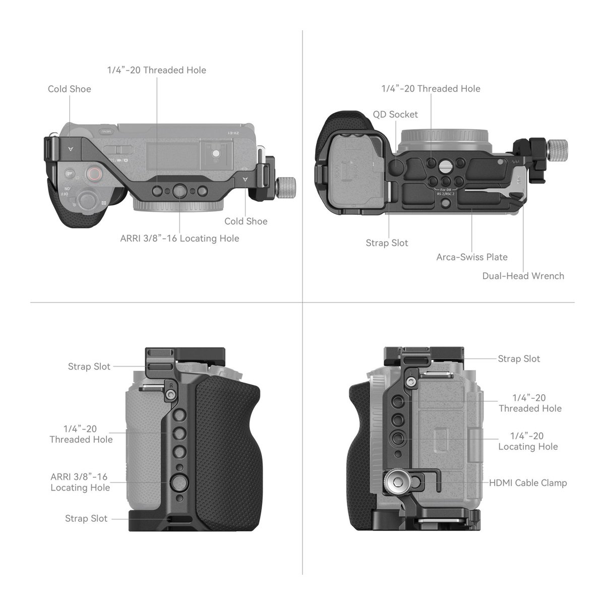 SmallRig 4257 Cage Kit Sony ZV-E1 - Kamera-Cage: Detaillierte Ansichten von allen Seiten mit Beschriftungen der Befestigungspunkte und Anschlüsse.