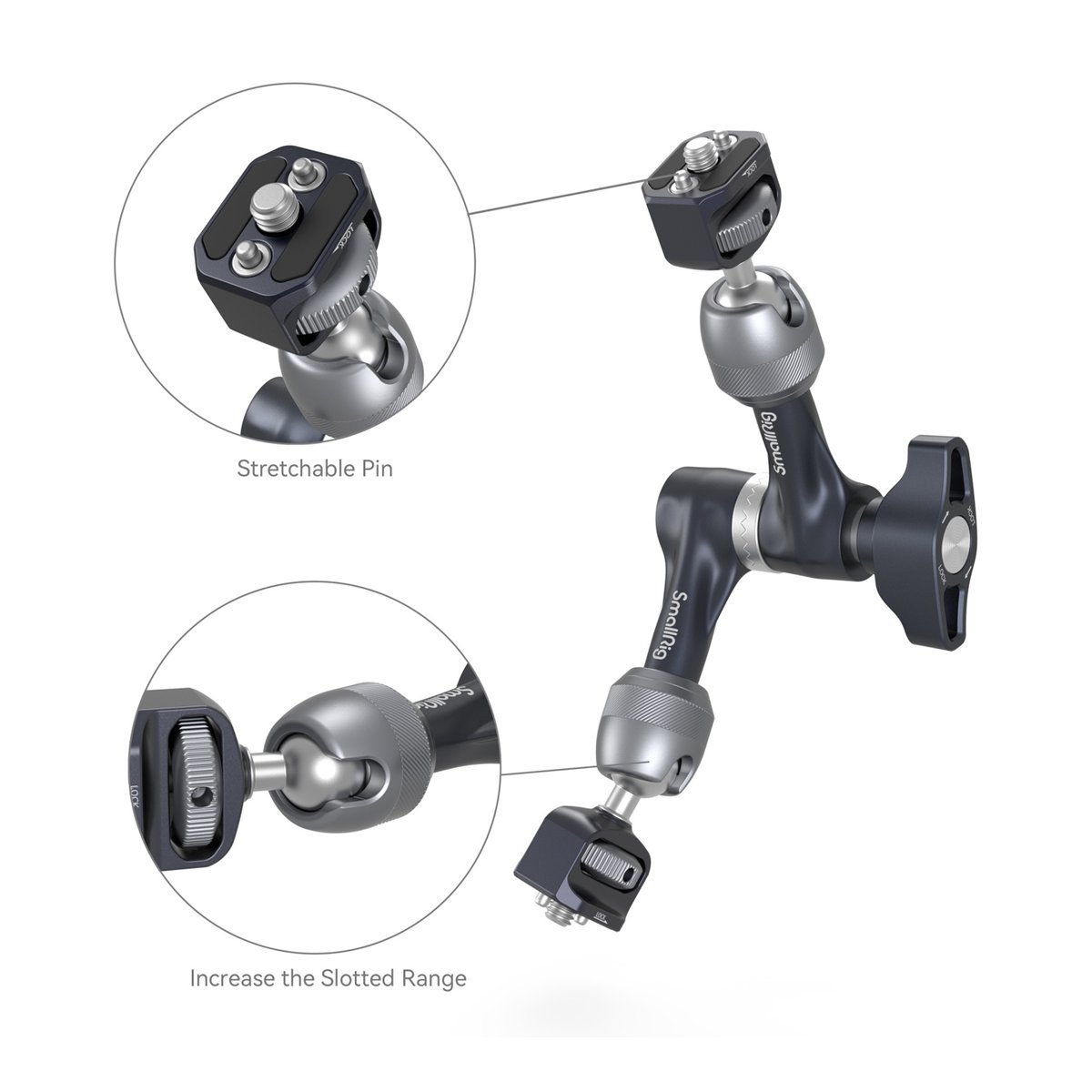 SmallRig 4194 Magic Arm mit Rosetta Gear (7 Zoll) - Gelenkarm-Detailansichten: Dehnbarer Stift und erweiterter Einstellbereich