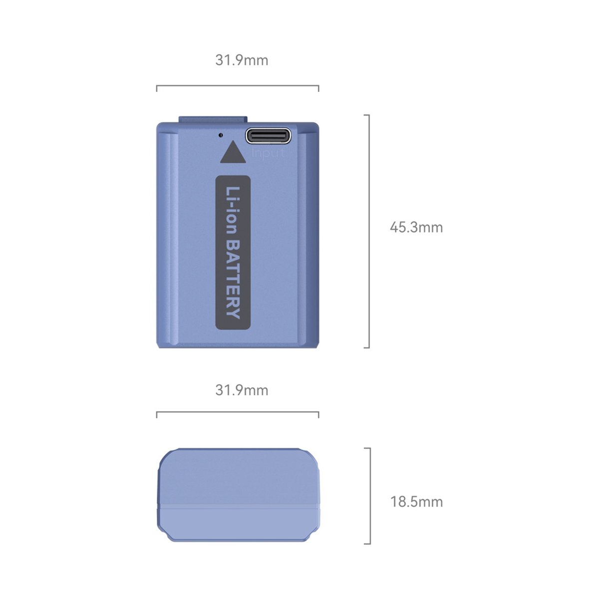 SmallRig 4330 NP-FW50 USB-C (Sony) aufladbare Kamerabatterie - Li-ion Akku: Front- und Seitenansicht mit allen Produktmaßen in Millimetern.