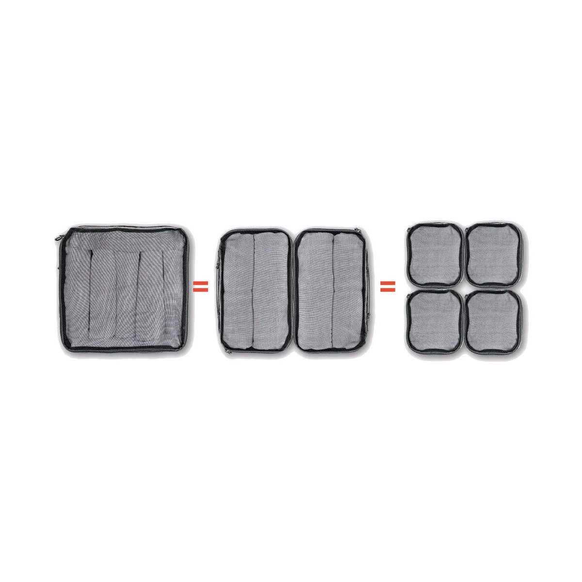 WANDRD Packing Cube Bundel (S,M,L) - Modulares Packwürfel-Set zeigt Größenverhältnis: 1 großer = 2 mittlere = 4 kleine Netzbeutel