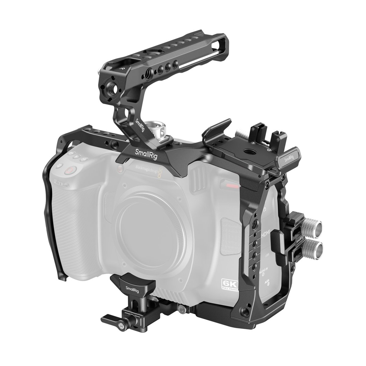 SmallRig 4574 Basic Cage Kit f. BMCC 6K (Vollformat) - Anwendungsbeispiel: SmallRig Kamera-Cage mit Top-Griff an Kamera montiert SmallRig 4574 Basic Cage Kit f. BMCC 6K (Vollformat) - Anwendungsbeispiel: SmallRig Kamera-Cage mit Top-Griff an Kamera montiert