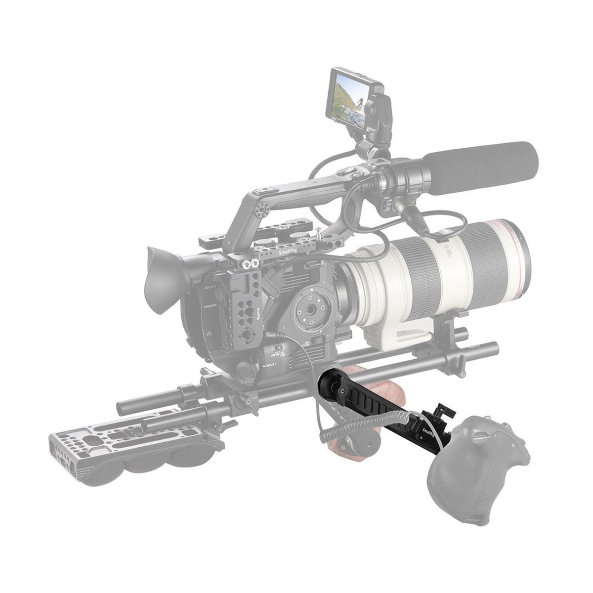 SmallRig 1870 Erweiterungsarm mit Arri-Rosette, für Handgriffe 168-260 mm - Anwendungsbeispiel: Gehaltener Seitenhandgriff am Kamerarig