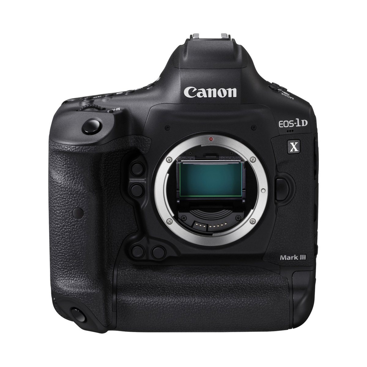 Canon EOS 1D X Mark III Body - Frontansicht einer schwarzen Canon EOS-1D X Mark III Kamera mit Blick auf den Sensor.
