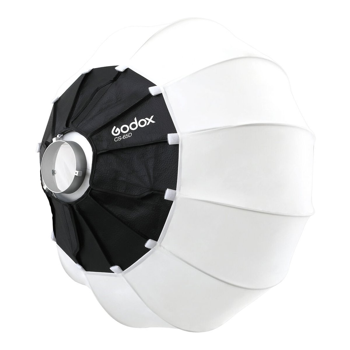 Softbox Lanterne Godox 65 cm - Godox CS-65D Laternen-Softbox, 3/4-Ansicht mit Befestigungsmechanismus und Logo.