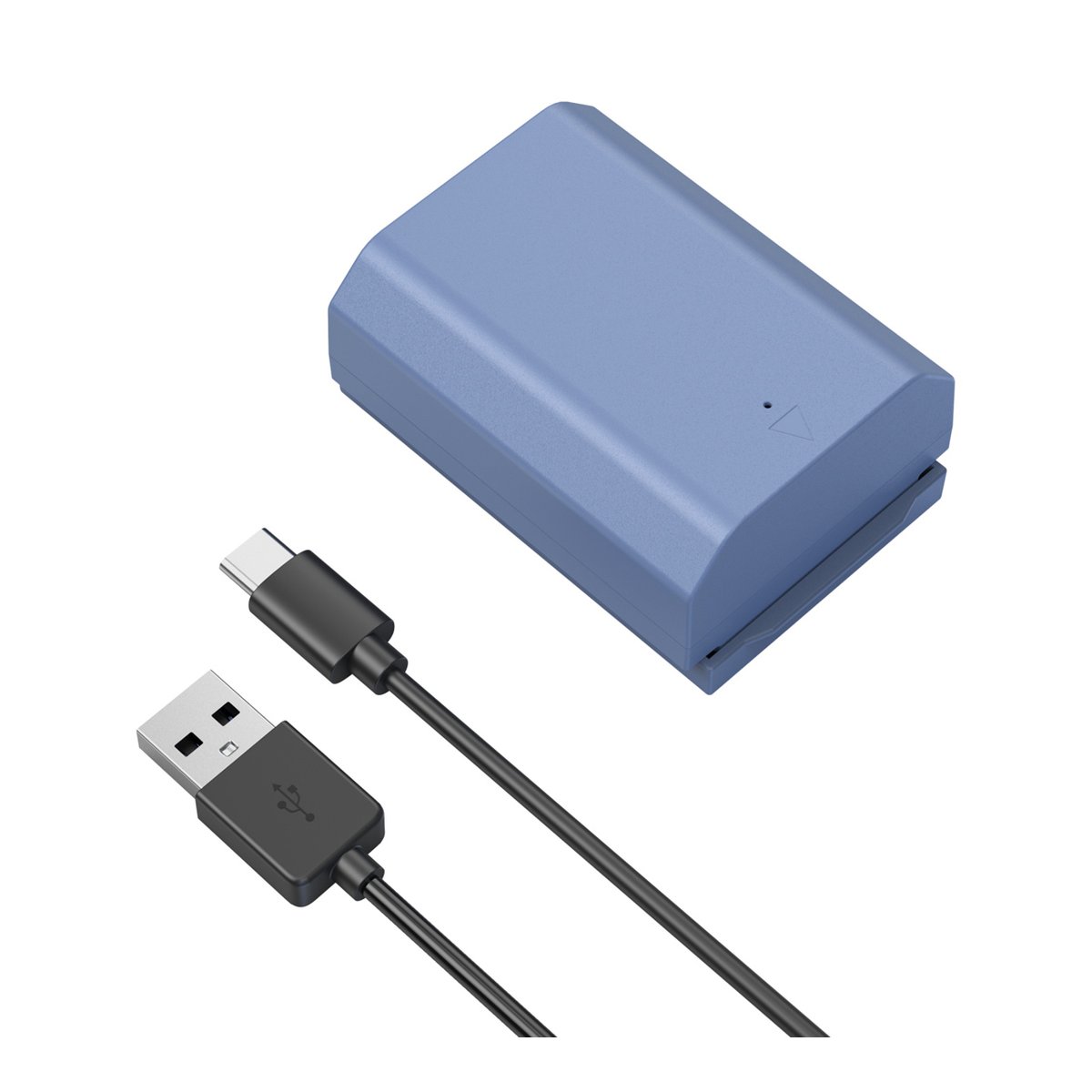 SmallRig 4265B NP-FZ100 USB-C aufladbare Kamerabatterie - Lieferumfang: blaues rechteckiges Gerät und schwarzes USB-C auf USB-A Kabel.