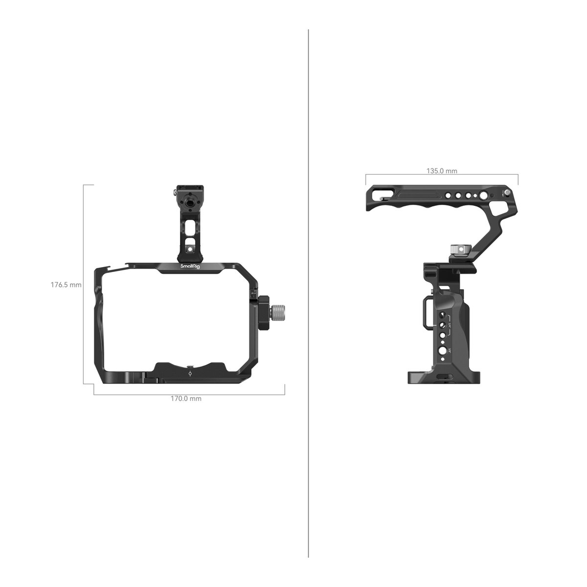 SmallRig 3668B Basic Kit für Sony Alpha 7R V / Alpha 7 IV / Alpha 7SIII - Abmessungen des Kamerakäfigs (170x176.5mm) und des Seitengriffs (135mm)